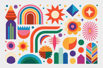 Colorful Geometric Abstract Shapes Collection on white Background.