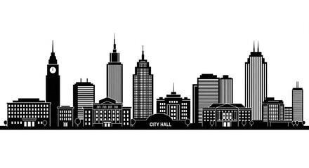 Naklejka premium A minimalist city silhouette vector illustration featuring tall buildings, a city hall, and office towers. Ideal for infographics, presentations, and design templates.