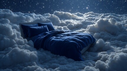Cozy blue bed nestled within fluffy clouds under a starlit sky evoking tranquility, concept for sleep advertising, dreamlike serenity and relaxation imagery