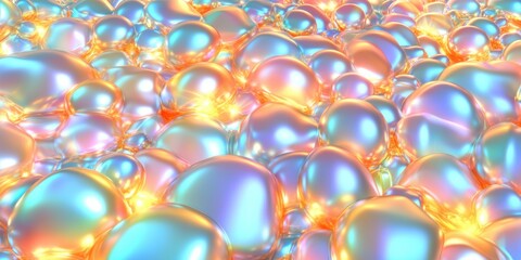 Iridescent shiny colorful bubbles create abstract glossy surface texture. Reflective modern background for design visual trend and luxury decor concepts.