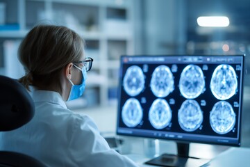 Female doctor in face mask reviews a brain MRI scan on a computer screen in a modern laboratory. Concept for neurology research, medical diagnosis and healthcare technology