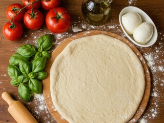 Fototapeta premium Pizza ingredients on a wooden surface: raw dough, fresh tomatoes, basil, mozzarella, olive oil, and a rolling pin, suggesting home cooking.