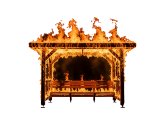 A wooden gazebo and bench ablaze in intense flames against a stark black background.