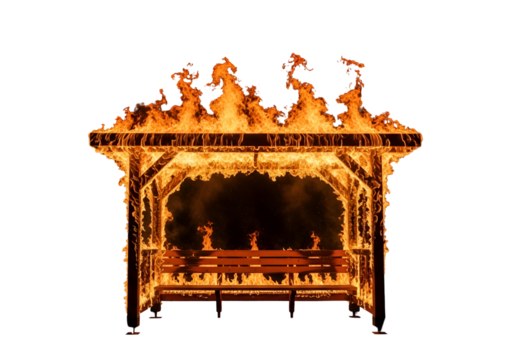 A wooden gazebo and bench ablaze in intense flames against a stark black background.
