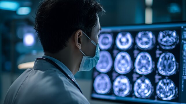 Asian doctor in mask examining brain MRI scan images on monitor, concept for medical diagnosis, neurological research and healthcare technology