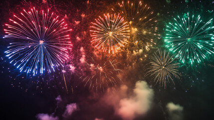A dazzling fireworks display explodes in the night sky. The fireworks are multicolored, with flashes of red, green, blue, yellow, and orange. Smoke trails from the fireworks hang in the air.
