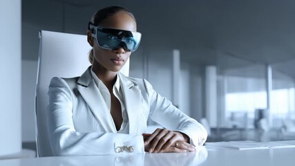 Futuristic Businesswoman with VR Glasses in Modern Workspace - Powered by Adobe