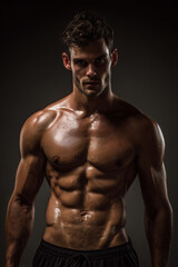 Fototapeta premium Muscular man posing confidently in a dark studio, showcasing strength and fitness