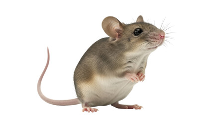 Isolated mouse standing up with hands crossed looking to the side attentively indoors