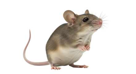 Isolated mouse standing up with hands crossed looking to the side attentively indoors