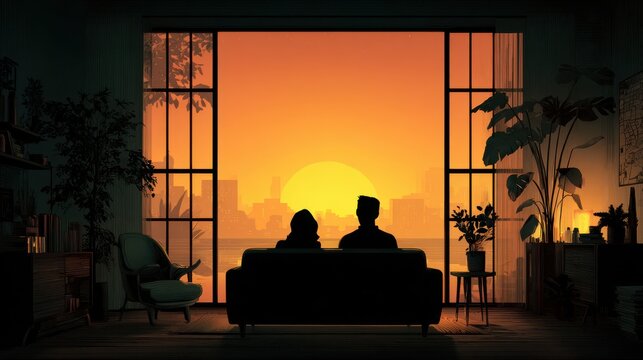 Silhouetted Couple on Sofa Watching Vibrant Sunset Over City Skyline from Living Room Window