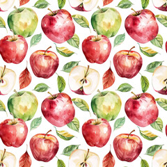 Watercolor seamless pattern with red apples and green leaves