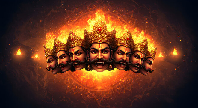 Illustration of Ravana, a mythological figure with multiple heads, adorned with crowns and surrounded by flames and a fiery aura.
