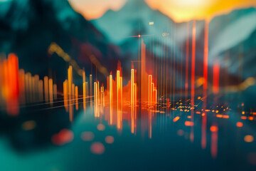 Bright bars and lines represent data trends against a stunning sunset backdrop of mountains, creating a vivid digital landscape