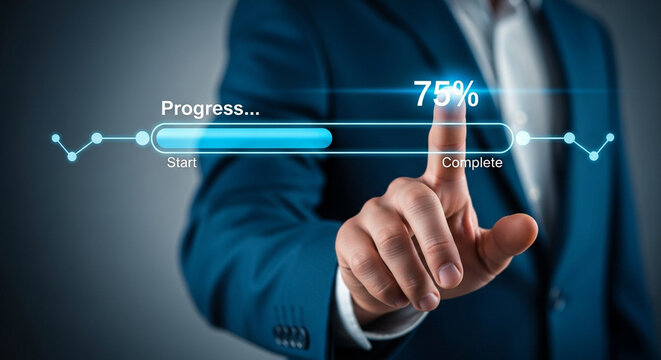 Businessman's finger touching 75% progress bar on digital interface 75 percent completion