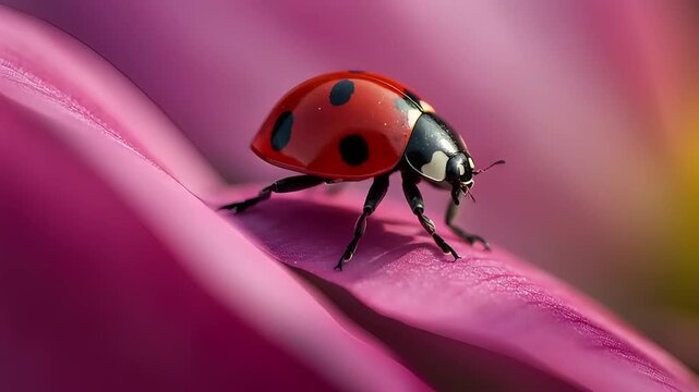Close-up of a ladybug crawling on a vibrant pink petal, showcasing nature's beauty and colors
