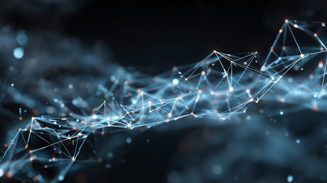 Abstract glowing blue digital network structure with connections and nodes in dark space