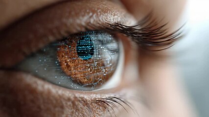 Close up montage of a woman's eye opening and closing, revealing a futuristic digital interface projected onto her iris, suggesting advanced technology and human machine integration - Powered by Adobe