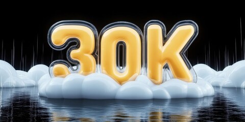 30K milestone number glowing above clouds with reflection in water. Futuristic achievement concept with abstract modern design elements.