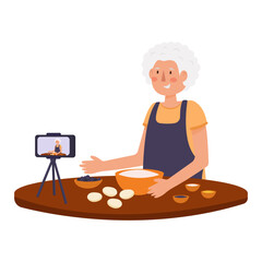 Grandma blogger shoots a culinary blog. Baking, blogger, eggs, dough, flour, spices, blog, online, elderly