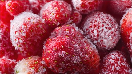 Close up of vibrant red frozen strawberries covered in delicate white ice crystals