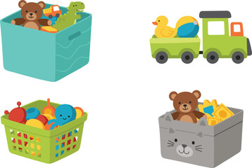 Toy storage illustration, kids toy box, teddy bear, colorful train, basket of toys, children playthings, cartoon design, nursery decor