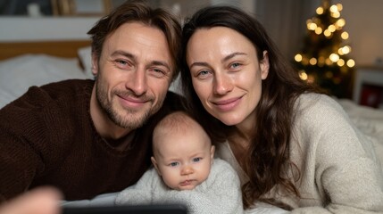 Happy family enjoying a cozy Christmas selfie by the tree in their warm living room during the festive season