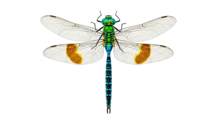 Isolated Dragonfly insect with clear wings and turquoise abdomen and golden spots art