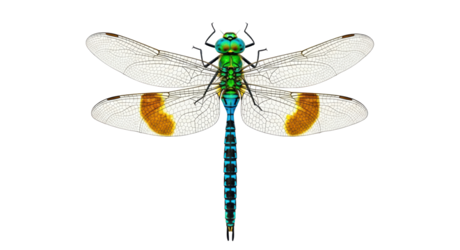 Isolated Dragonfly insect with clear wings and turquoise abdomen and golden spots art
