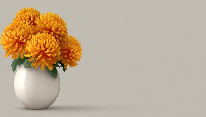 A collection of vibrant orange chrysanthemums in a simple white vase against a neutral backdrop.