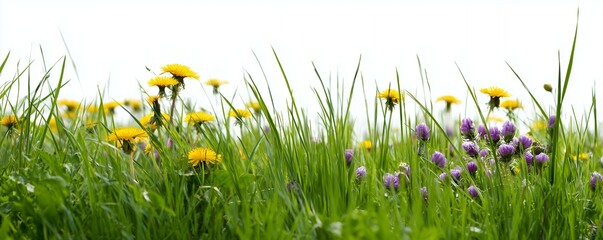 Fresh green grass with dandelions and purple clover flowers on sunny meadow, concept for spring background, nature wallpaper and summer season illustration