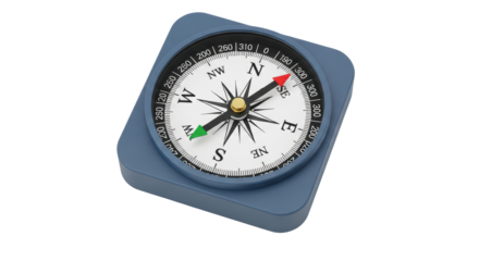 Isolated directional compass indicating north with blue casing for outdoor use and travel