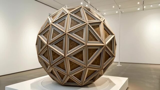 Modern minimal design geometric neutral clean sphere sculpture with wood texture and triangular pattern creates striking focal point contemporary