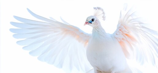Fototapeta premium Majestic Albino Peacock Displaying Wings Against a Bright White Background