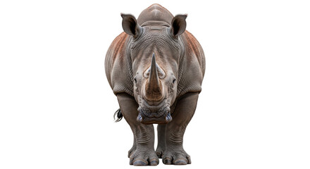 Isolated Rhinoceros stands facing forward, an impressive specimen with a large pointy horn © Ari