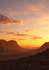 Naklejka premium Panoramic Monument Valley sunset with sandstone buttes, arid desert foreground, warm colors, vast serene atmosphere. 