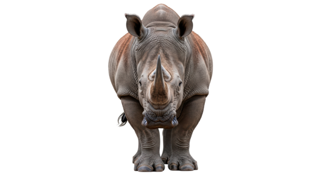 Isolated Rhinoceros stands facing forward, an impressive specimen with a large pointy horn