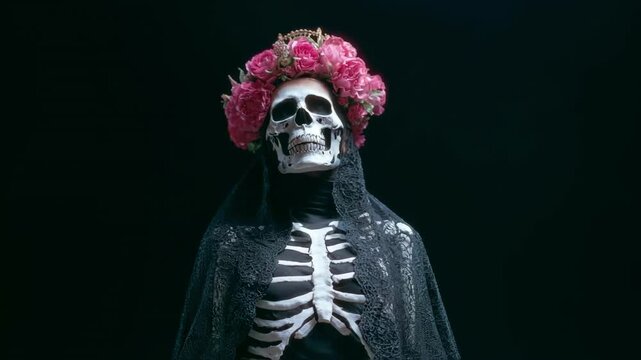 A person in a skeleton costume with a rose crown and black veil, portraying Catrina or Santa Muerte for the mexican Day of the Dead (D&iacute;a de los Muertos) or a Halloween celebration