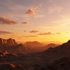 Panoramic Monument Valley sunset with sandstone buttes, arid desert foreground, warm colors, vast serene atmosphere.
