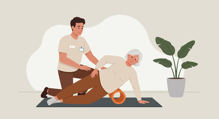 The physical therapist is giving therapy to the elderly, vector illustration