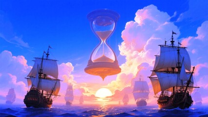 Columbus Day Majestic galleons sail on a vibrant ocean under a surreal sky with a colossal hourglass symbolizing the passage of time, evoking adventure and epic journeys.