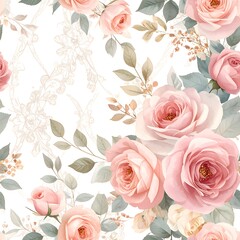 Delicate, pastel roses on white background with lace-like detail