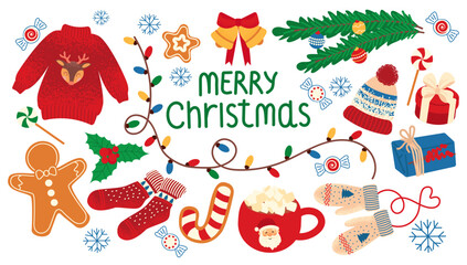 Collection of vector stickers: cozy sweater, warm socks, hat, mittens, gingerbread cookies, snowflakes, candies, gifts and holiday decorations. Winter elements for scrapbooking. White background.