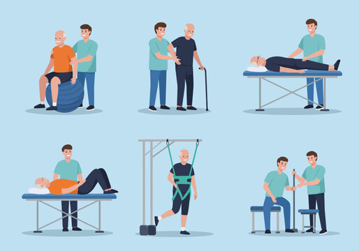 Various physiotherapy activities, vector illustration