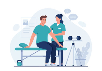 A female physical therapist is treating her patient, design vector illustration