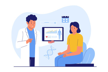 Illustration of Annual Physical Exam and Patient Health Monitoring. Doctor Reviewing a Patient's Medical Data for a General Checkup