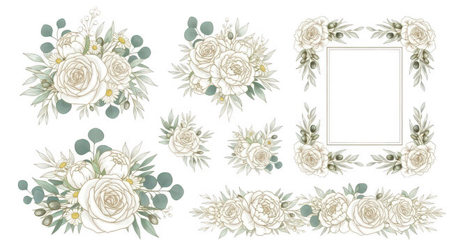 Elegant Floral Arrangements: A collection of beautiful and delicate floral arrangements showcasing cream roses, sage green accents, and a touch of artistry, perfect for weddings, invitations.