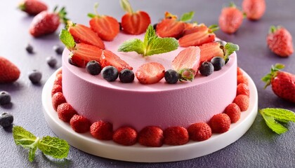 delicious berry mousse cake with fresh strawberries and mint garnish