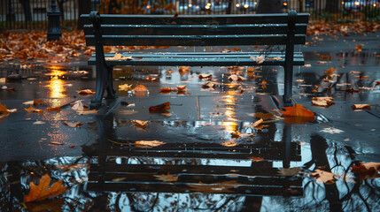 Autumn rain creates a beautiful reflection on the wet pavement. A moody, rainy autumn scene with a bench, street lights, and fallen leaves reflecting in the wet pavement