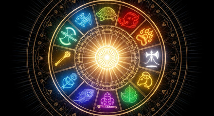 Circular design featuring twelve colorful, glowing symbols arranged around a central light source, set against a dark background.